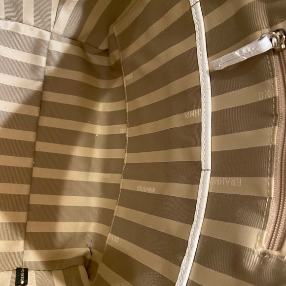 Brahmin like new bag, blue,gray and navy stripe timeless style, 17,by 11 by 4. - Picture 5 of 5